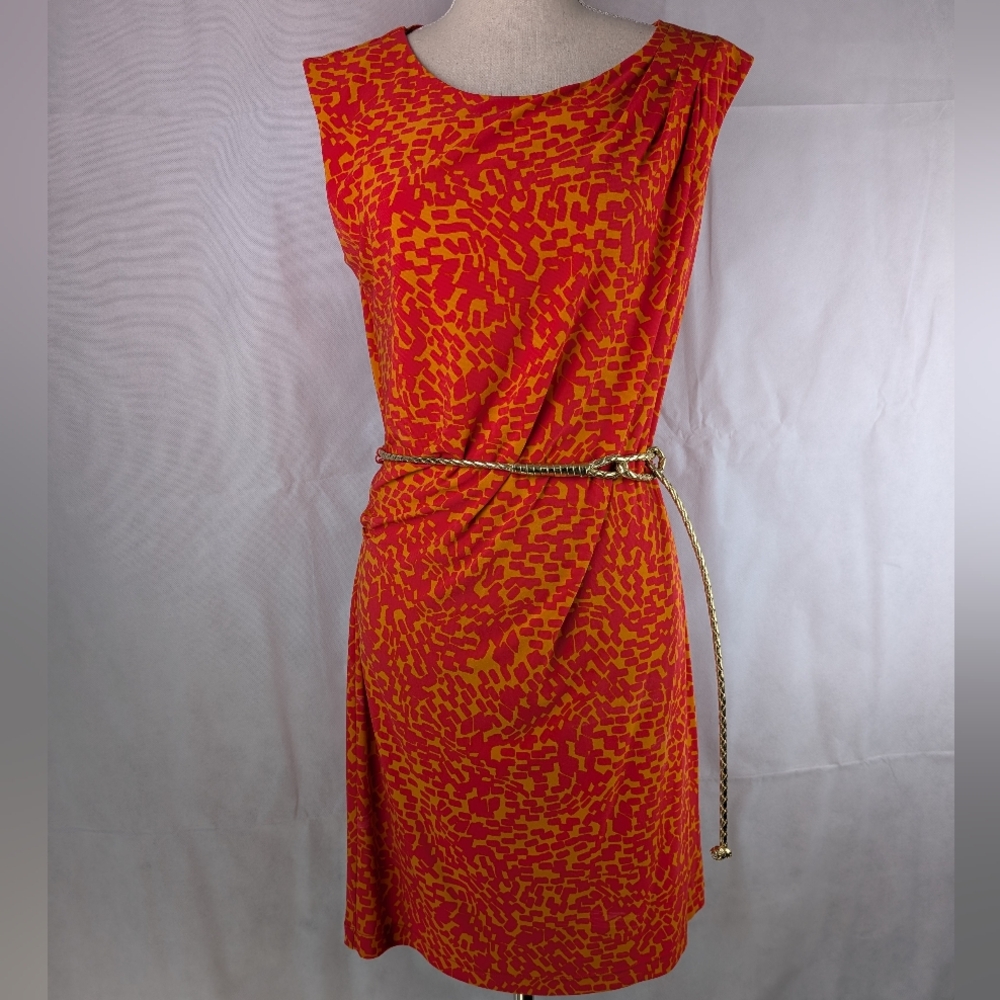 Guess Geometric Print Dress Gold Belt Stretch Sheath Orange Pink Size 12